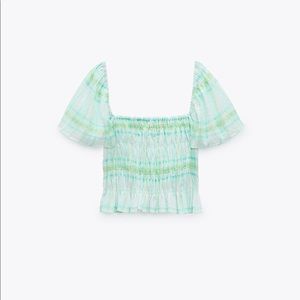 NWT Zara Elastic Trim Print Top Ecru/Green